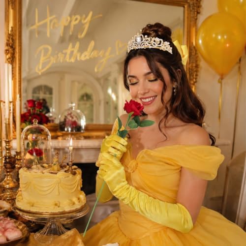 Princess Costume Accessories Crown Rose Hair Bow Yellow Gloves Kit - Image 5