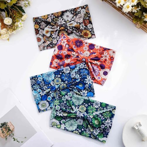 Olbye Wide Boho Headbands Floral Stretch Head Wraps Bohemian African Turban Hairbands Knotted Bandana Headband Yoga Running Head Scarfs Workout Hair Accessories for Women 4Pcs (Floral, 9.4 * 5.9'') - Image 7