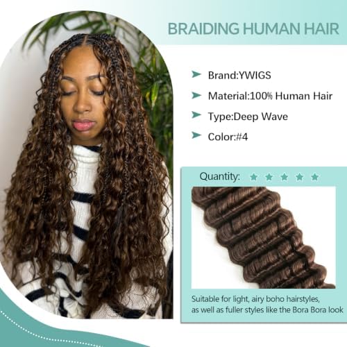 YWIGS Deep Wave Bulk Braiding Human Hair for Boho Braids #4 100G 20inch - Image 3