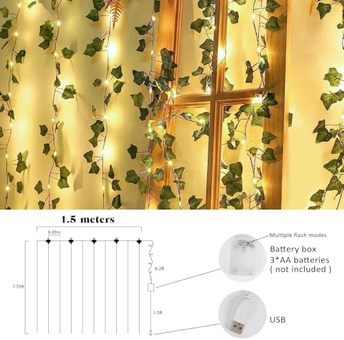 RECUTMS Fake Wall Curtain Ivy Vines with String Lights for Room Decor 98Ft - Image 3