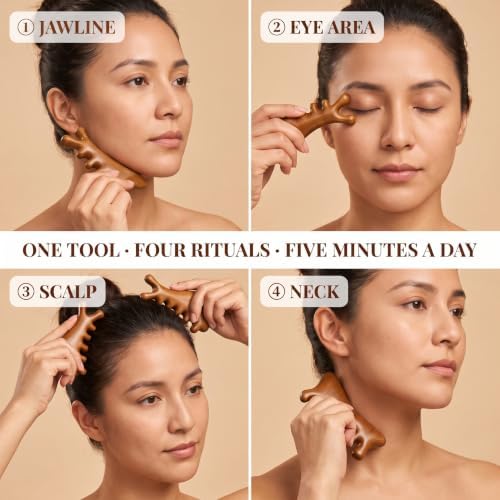 Sandalwood Gua Sha Facial Tool 4-in-1 – Real Natural Sandalwood Face Body Massager, Scalp Acupressure Relief, Jawline Lifting Lymphatic Drainage, Hand-Polished No Coating, Self-Care Gift for Women - Image 5