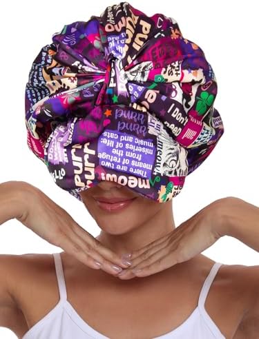 Double Layer Satin Bonnet with Eye Mask Adjustable Silk Sleep Cap Turban Style Hair Wrap for Curly Hair Purple Animals - Image 4