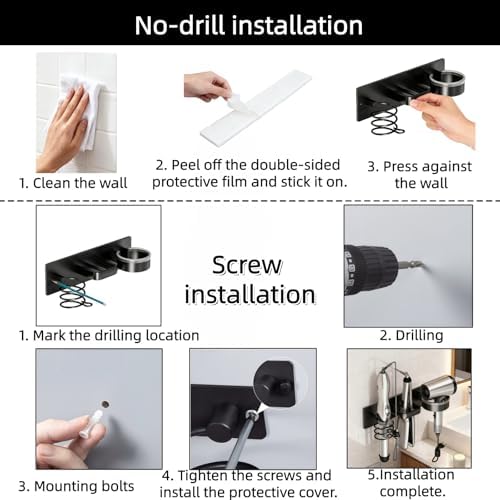 Hair Dryer Holder Wall Mounted Blow Dryer Holder Curling Iron Holder Straightener Holder 3 in 1 Bathroom Metal Hair Tool Organizer Rack（Matte Black） - Image 6