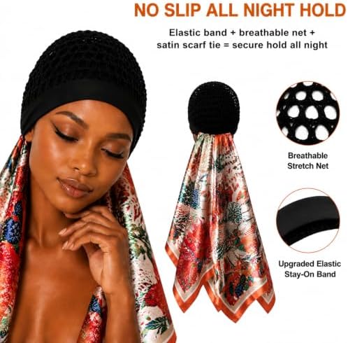 2 in 1 Wrap Cap Hair Net and Scarf for Silk Press, Satin Wrap Cap Bonnet for Women, Adjustable Stay-On Sleep Hair Net Scarf for All Hair Types (Orange, One Size) - Image 2