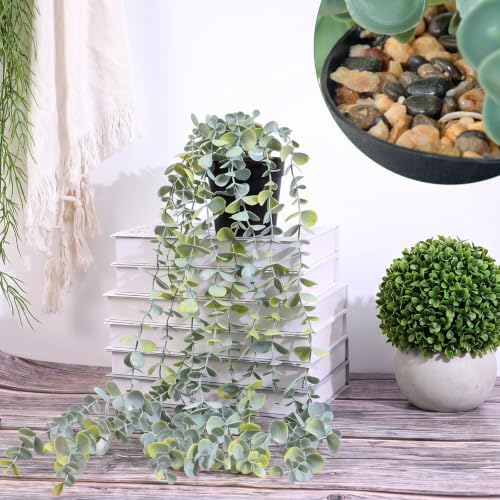LOYWREE Fake Hanging Eucalyptus Plants Small Potted Long Vine Plants Indoor for Vintage Boho Farmhouse Bathroom Office Desk Wall Shelf Room Aesthetic Decor (Black Pot) - Image 3