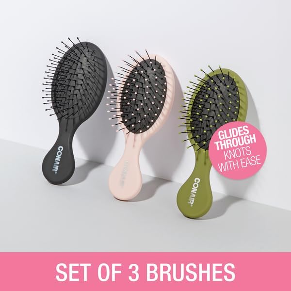 Conair Detangling Mini Hair Brush Set, Detangler Brushes, Wet or Dry, Detangler for All Hair Types, Brushes for Women, Matte Pink, Green, Black, 3 Count Travel Size (Pack of 8) - Image 2
