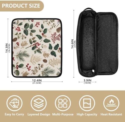 Hair Tools Travel Bag with Heat Resistant Mat Detachable 2-in-1 Curling Iron Travel Case Hot Tools Organizer for Straightener Flat Iron Beige Holly Leaves Pine Needles Pinecones - Image 4