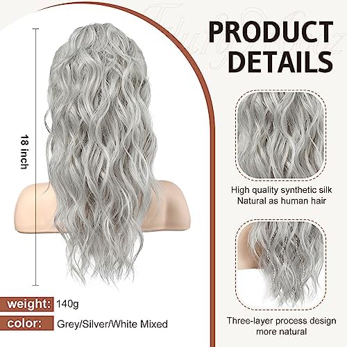Flufymooz Ponytail Extension, 18 Inch Claw Clip Ponytail Extension, Wavy Curly Claw Clip in Ponytail Hair Extensions, Natural Fake Ponytail Synthetic Hairpiece for Women (Grey/Silver/White Mixed) - Image 2
