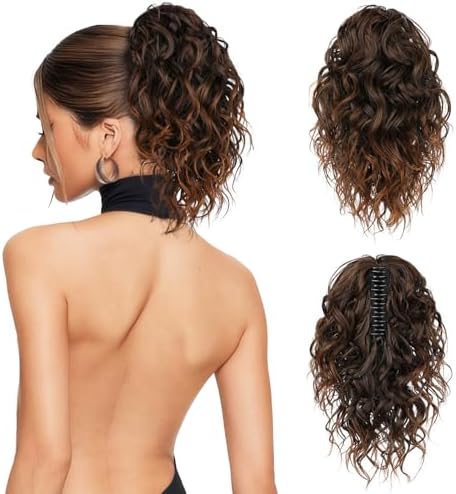 Flufymooz Ponytail Extension, 12" Short Claw Ponytail Extension Wavy Curly Jaw Clip in Pony tails Hair Extension Natural Synthetic Hairpiece for Women (Almond brown) by Flufymooz