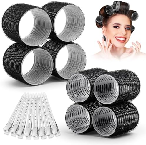 Self Grip Hair Rollers Curlers 16 Pcs Set with 8Pcs Hair Rollers 2 Sizes (4 Jumbo & 4 Large) and 8 Pcs Hair Clips for Long Medium Short Thick Fine Thin Hair Volume (Black) by shynek