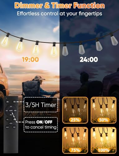 Brightever 180FT LED Outdoor String Lights, Dimmable Patio Lights with Remote Control, 56 Shatterproof ST38 Edison Bulbs, 3 Lighting Modes, 3H/5H Timer, Outdoor Hanging Light for Pool，Fence, Garden - Image 5