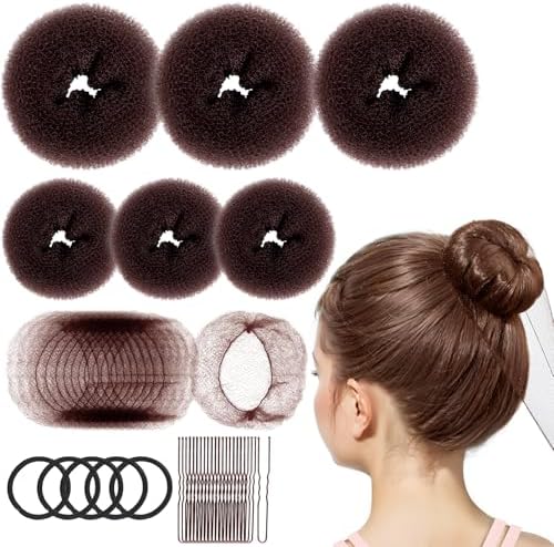 FANDAMEI 6 PCS Hair Bun Makers for Kids, 10 Invisible Bun Nets for Ballet Girls, 3PCS Extra Small 3PCS Small Donut Buns for Hair Kids, Bun Makers Hair Nets for Buns with 5 Elastics 20 Pins (Brown) by FANDAMEI