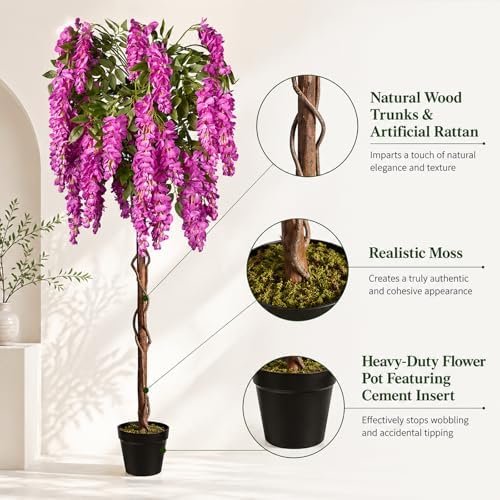 5ft Artificial Wisteria Tree, Fake Tree with Firmly Attached Blooms for Less Shedding, Faux Trees Indoor Outdoor Home Office Living Room Decor, Potted Floor Plant - Image 4