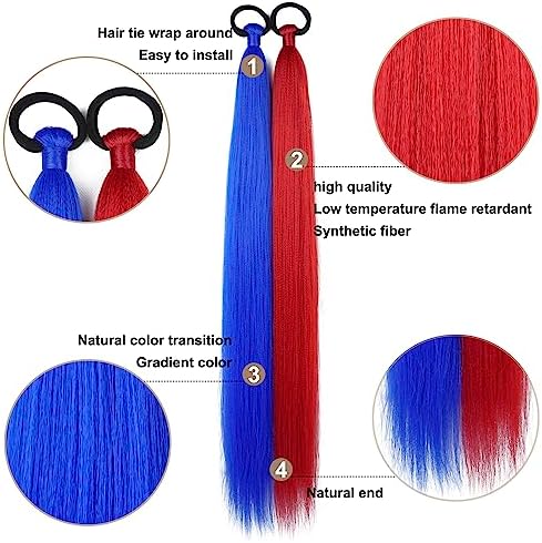 2 Pack Red Blue Contrast 26 Inch Braid Ponytail Extension with Elastic Tie - Image 3