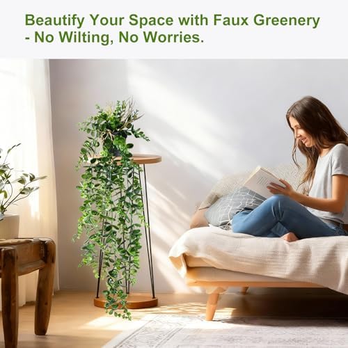 Artificial Hanging Plant 2 Pcs Faux Eucalyptus Vine Ivy Vine Faux Plant Fake Potted Greenery for Wall Living Room Home Shelf Office Bathroom Outdoor Indoor Decor (Type 2) - Image 3