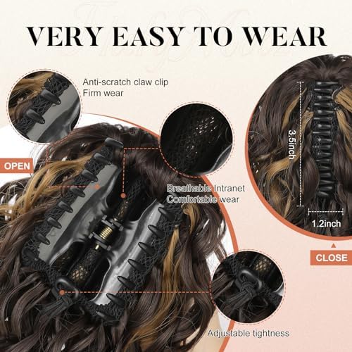 Flufymooz Ponytail Extension, 12" Short Claw Ponytail Wavy Curly Jaw Clip in Pony Tails Hair Extension Natural Synthetic Hairpiece for Women (Chocolate Brown with Blonde Highlights) - Image 4