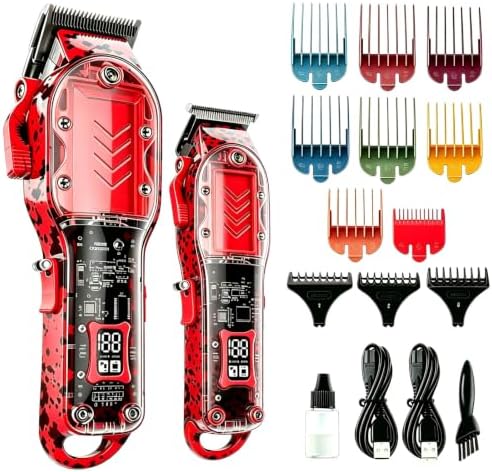 Professional Hair Clippers for Men, Cordless Barber kit for Hair Cutting & Grooming, Hair Clippers and Trimmer Set for Barber Haircut with LED Display, 8 Fade Taper Combs(Red Set) by Tuanchuanrp