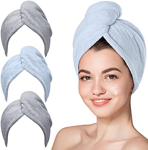 Hicober Microfiber Hair Towel Wrap for Women, Grey Blue Grey, 3-Pack by Hicober