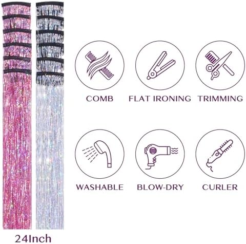 IDN BEAUTY Hair Tinsel Clip In Mixed Pink Silver Sparkle Hair Extensions 24 Inch 12pcs - Image 3