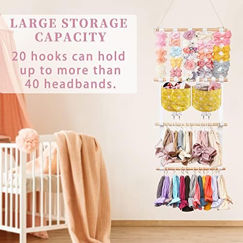 kangaroo Hairband Organizer for Baby Girls, Large Capacity Bow Holder Hair Accessories Wall Hanging Organizer with 20 S-hooks and 2 Pockets, Yellow - Image 6
