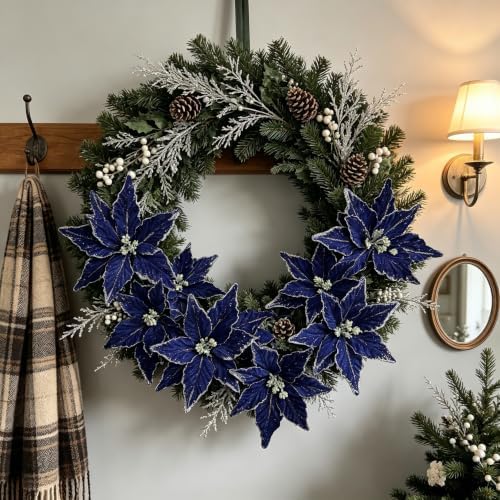 Kimura's Cabin 6Pcs Artificial Poinsettia Christmas Flowers Set,Royal Blue - Image 6