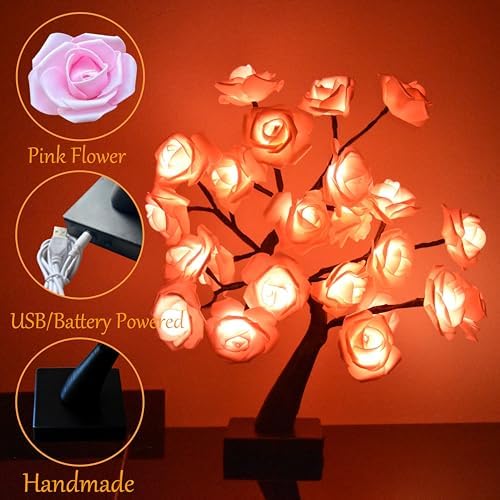 24 LED Pink Rose Tree Light, Artificial Bonsai Flower Table Lamp, USB Battery Powered Romantic Night Light for Bedroom Living Room Party Wedding, Valentine’s Day Mother’s Day for Her - Image 4