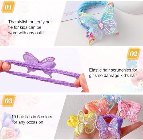 RAINBOW WSK10 Pcs Glitter Butterfly Hair Ties for Girls Baby Toddler Cute Sequin Bow Hair Ties Elastic Rubber Hair Bands for Little Girls Multicolor Baby Hair Accessories Pijin-10 - Image 5