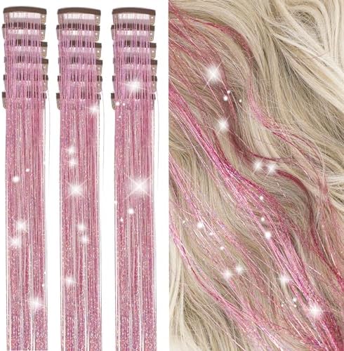 18 Pcs Hair Tinsel Clip in, Pink Hair Tinsel Kit, Tinsel Hair Extensions by ZYXQZYX