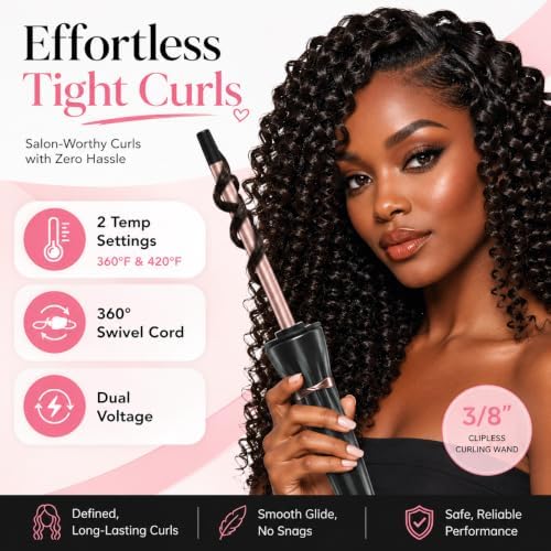 Hahahope 3/8 Inch Curling Iron Wand, Small Ceramic Curler Barrel Tiny Black - Image 4