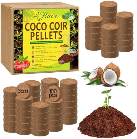 Riare 100 Pcs 30mm Organic Coco Coir Seed Starter Soil, Compressed Coconut Coir Potting Soil Mix for Seed Starting, Coconut Fiber Pellet for Planting Indoor & Outdoor Plants, Vegetables, Garden by Riare