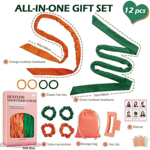 Heatless Curls Overnight Headband, 70'' No Heat Hair Curlers for Medium Long Hair, Green Orange - Image 7