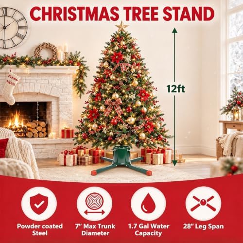 Christmas Tree Stand for Live Trees, 6 to 12 ft, Sturdy Green Christmas Tree Holder, Adiustable Design, Easy to Assemble, No Tools Required (Green2026) - Image 2