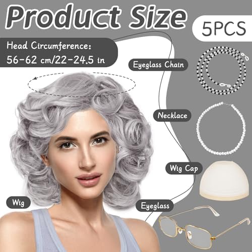 Rrshnsgv 5 Pcs Old Lady Wig and Accessories,Grey Grandma Wigs,Old Lady Wig Costume Set for Halloween Party,Old Woman Cosplay - Image 2