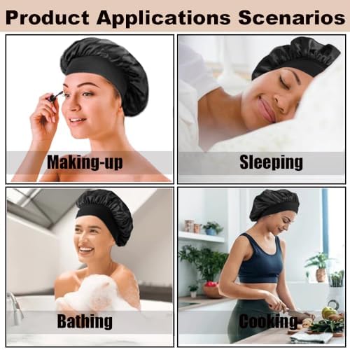 12 Pieces Silk Bonnet for Women Curly Hair Satin Bonnet Hair Wrap for Sleeping Cap with Tie Band (Black) - Image 7