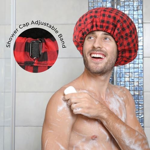 Shower Cap for Men Red Plaid Bath Cap, Reversible Large Waterproof Adjustable Shower Caps Terry Lining & Elastic Band Stretch Hem Hair Hat - Image 4
