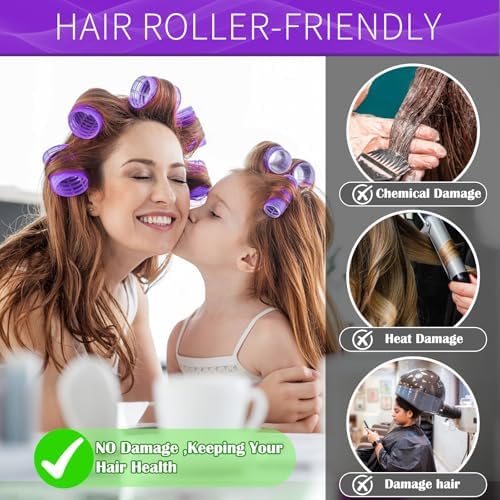 Hair Rollers, 12 Pack Self Grip Salon Hairdressing Curlers, DIY Curly Hairstyle, Large Rollers 1.57In Deep Purple - Image 4