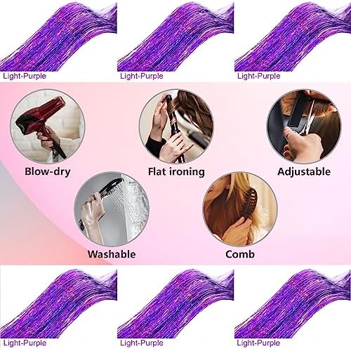 Purple Hair Tinsel Kit 48 Inches 1200 Strands with Tools and Instruction Easy to Install Fairy Glitter Tinsel Hair Extensions for Women and Girls，Shinny Sparkling Braiding Hair Accessories for Halloween Cosplay Party - Image 6