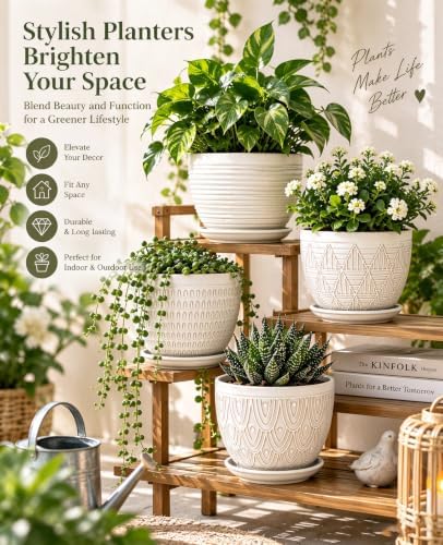 5.8 Inch Ceramic Pots for Plants, Large Succulent Pots with Drainage Hole & Saucer, Vintage Planter Pots for Indoor Plant Orchid, Cactus, Flower Pots Set of 4, Home Decor, White Black - Image 4