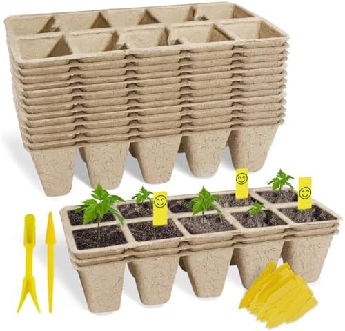 Seed Starter Tray 100 Cells, Biodegradable Peat Pots for Seedlings, 10 Pack 1.8" Square Pulp Nursery Cups with 100 Plant Labels and 2 Transplant Tools for Vegetable Herb by SYITCUN