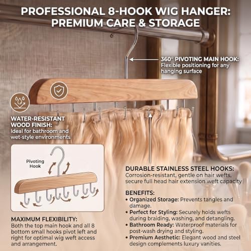 Hair Extension Holder for Hair Storing, Washing, Drying, Coloring, Styling, Foldable Hair Extension Hanger, Braiding Hair Rack, Rotating Multi-Purpose Hooks Hanger (1Pack Natural Color) - Image 2