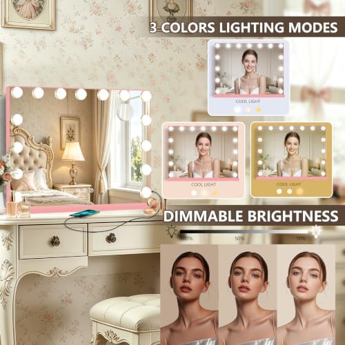 Ratsamee Pink Hollywood Vanity Mirror with Lights, 15 Dimmable Bulbs, 3 Color Lights,Make Up Lighted Mirror, Aluminum Metal Frame, USB Charging Port（23" x 18"） - Image 3