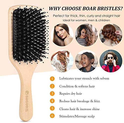 Hair Brush, 2 Pack Boar Bristle Paddle Hairbrush for Women Men Kids Reducing Frizzy, No More Tangle, Small Travel Brush Tail Comb & Giftbox Included - Image 4