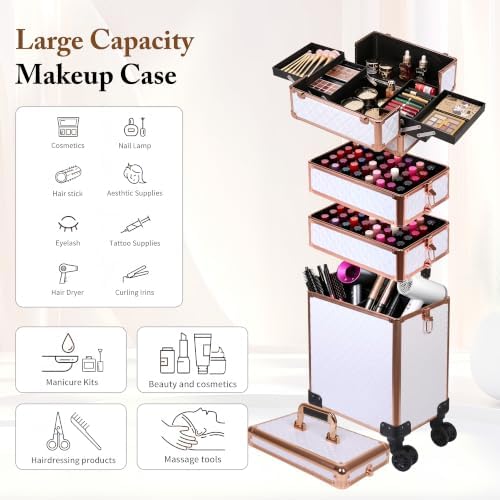 5 in 1 Rolling Makeup Train Case Professional Cosmetic Trolley Large Storage Organizer on Wheels for Hairstylist Artist Nail Beauty Salon Barber White - Gold Frame - Image 3