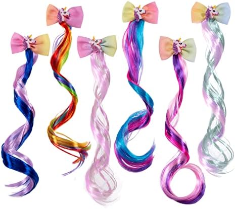 Ideal Swan 6 Set Hair Extensions Clip - Colored Straight Curly Hair Extensions for Kids Ponytails Girls, Rainbow Thick Wig Clip in Fake Bangs with Cute Unicorn Accessories (Curly Hair 02) by IdealSwanBeauty