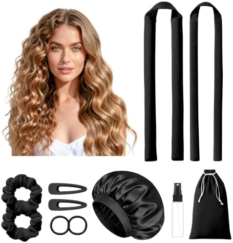 LitBear Heatless Curls Overnight, 2 Sizes of Soft Hair Rollers for Women with Bonnet to Sleep In, No Heat Hair Curlers Set with Scrunchies and Clips, for Long and Medium Hair (Black) by LitBear