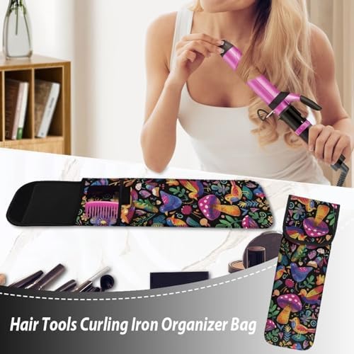ZOUTAIRONG Curling Iron Bag for Traveling Curling Iron Holder with Tow Pocket Curling Iron Travel Case Heat Resistant Water-Resistant Flat Iron Case for 15.5 x 5 Inch Flat Iron, Black, Mushroom - Image 2