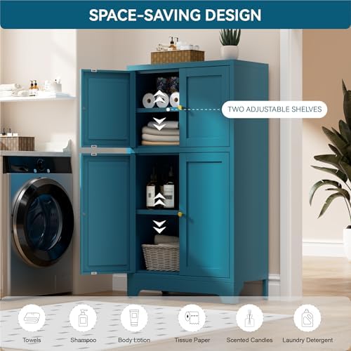 Bevivog Bathroom Floor Storage Cabinet,Metal Accent Cabinets with 4 Doors and 2 Adjustable Shelves,Blue Storage Locker Cabinets Organizer for Pantry Kitchen,Living Room,Hallway, Restroom - Image 5