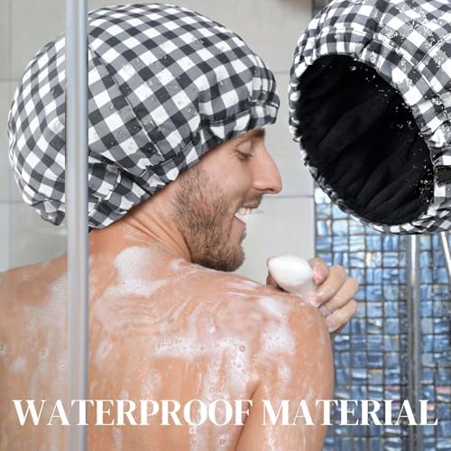 Shower Cap for Men Black White Plaid Bath Cap, Reversible Large Waterproof Adjustable Shower Caps Terry Lining & Elastic Band Stretch Hem Hair Hat - Image 3