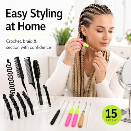 Nalexmi Crochet Hooks for Hair, Latch Hook Crochet Needle Set for Braiding, Locs, Dreadlocks and Passion Twist Extensions, with Tail Comb and Duckbill Hair Clips, Pink Styling Kit (15, Black) - Image 6