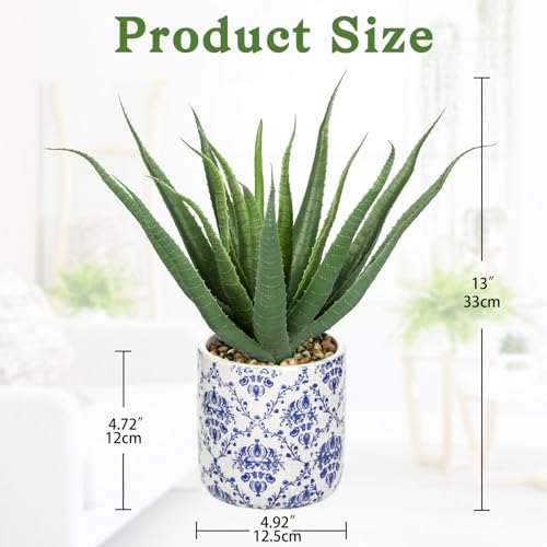 Briful Agave Plants Artificial Succulents Fake Plant in Blue Vase, 9'' Tall Realistic Faux Aloe Vera for Home Decor Indoor Centerpiece Table Kitchen - Image 2